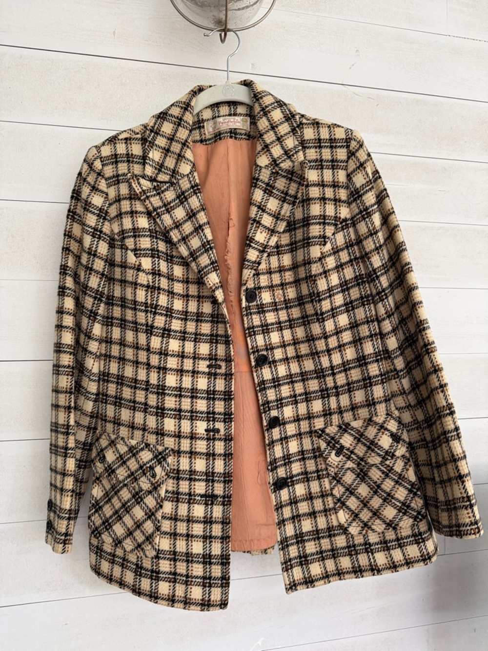 Vintage Pendleton Beige and Black Plaid Wool Jacket